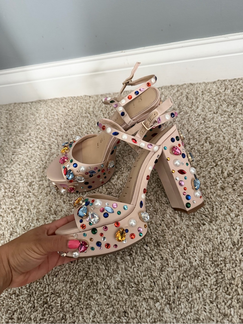 Nude Jeweled Platform Block Heels - Women's - Picture 3 of 7